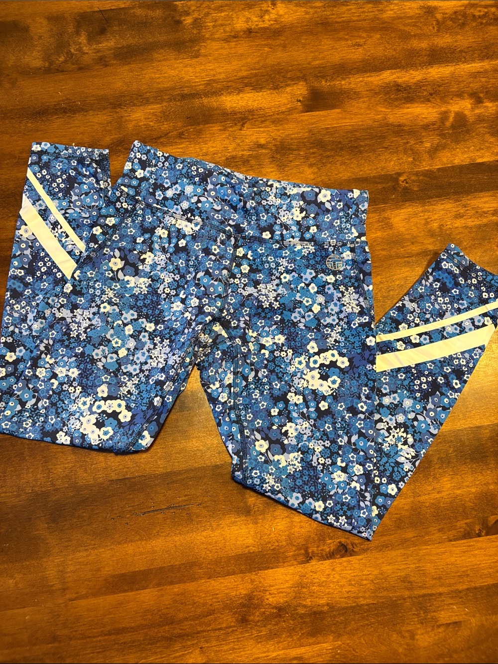 Tory Sport Blue Floral Leggings with White Stripe Accents